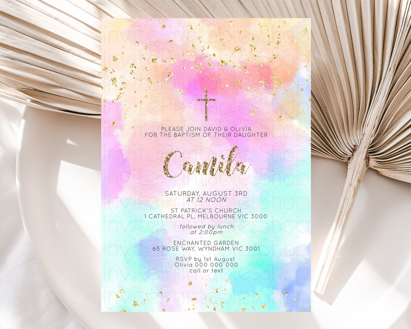 Pastel Baptism Invitation Pastel Colors Watercolor Baptism 1st Birthday Party Gold Ombre Pastel Rainbow Christening Holy Communion D10669