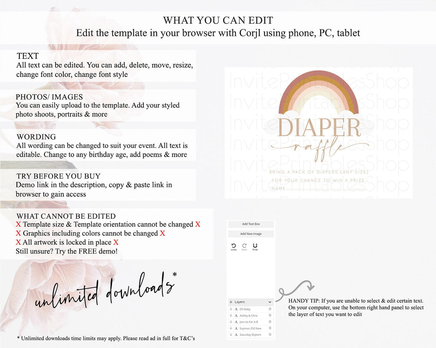 Pastel Rainbow Diaper Raffle Card Boho Rainbow Diaper Insert Boho Rainbow Diaper Ticket Pastel Watercolor Baby Shower Raffle Game D10122