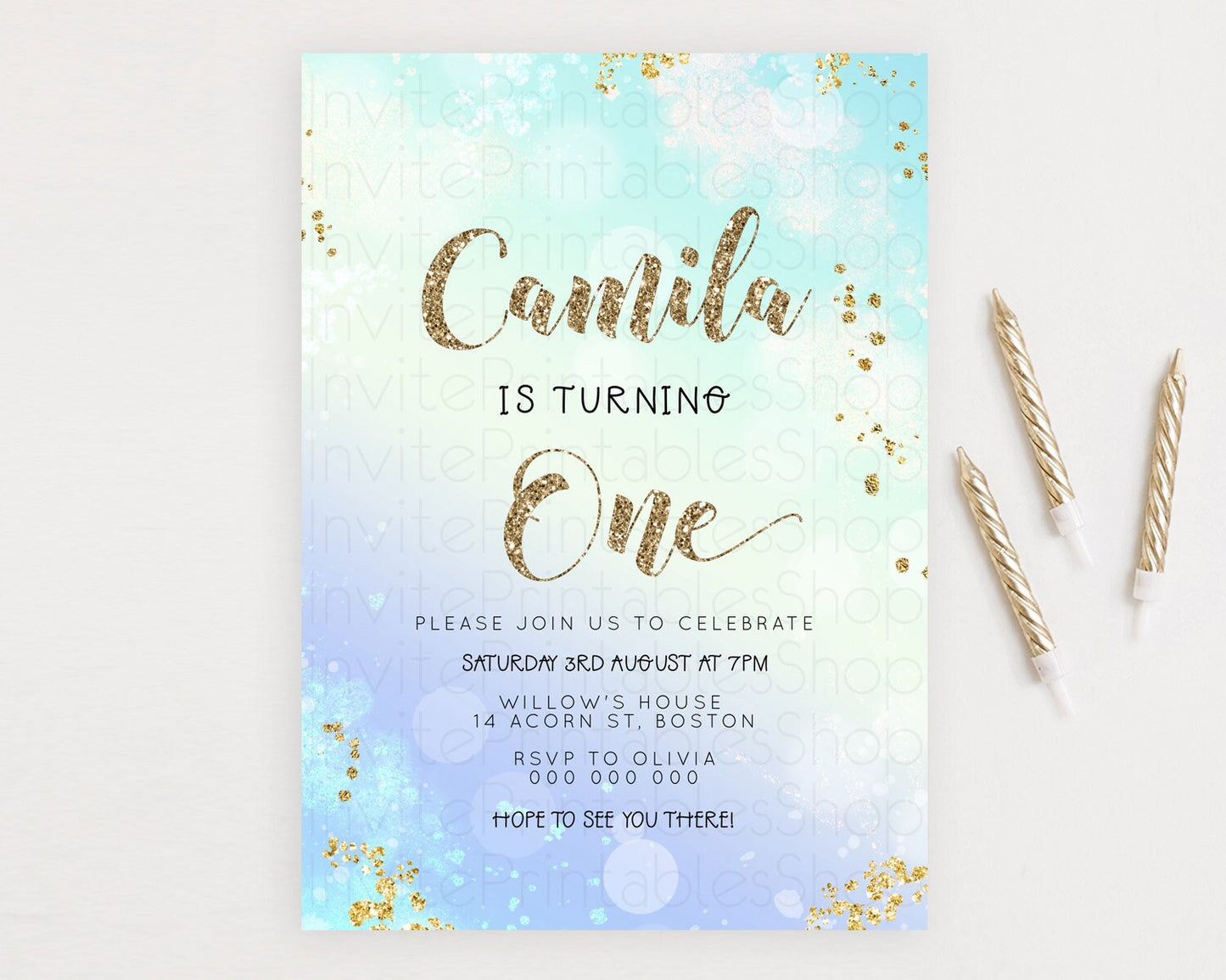 Rainbow Birthday Invitation Colorful Pastel Watercolor Invitation Gold Glitter Sprinkles Ombre Pastel 1st 2nd 3rd Birthday D23117