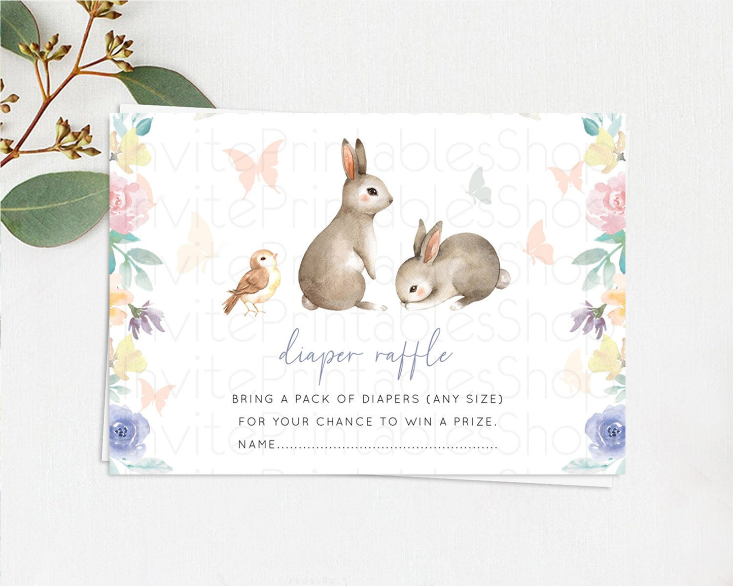 Bunny Diaper Raffle Card Floral Bunny Diaper Raffle Insert Pastel Flowers Woodland Bunny Diaper Ticket Forest Bunny Raffle Game D10928