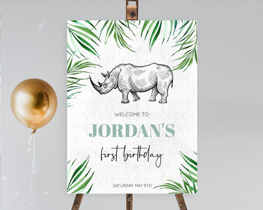 Rhino Welcome Sign Rhino Welcome Board Rhino Welcome Poster Dried Palm Fern Safari Party Decor Rhino First Birthday Welcome Sign D10848