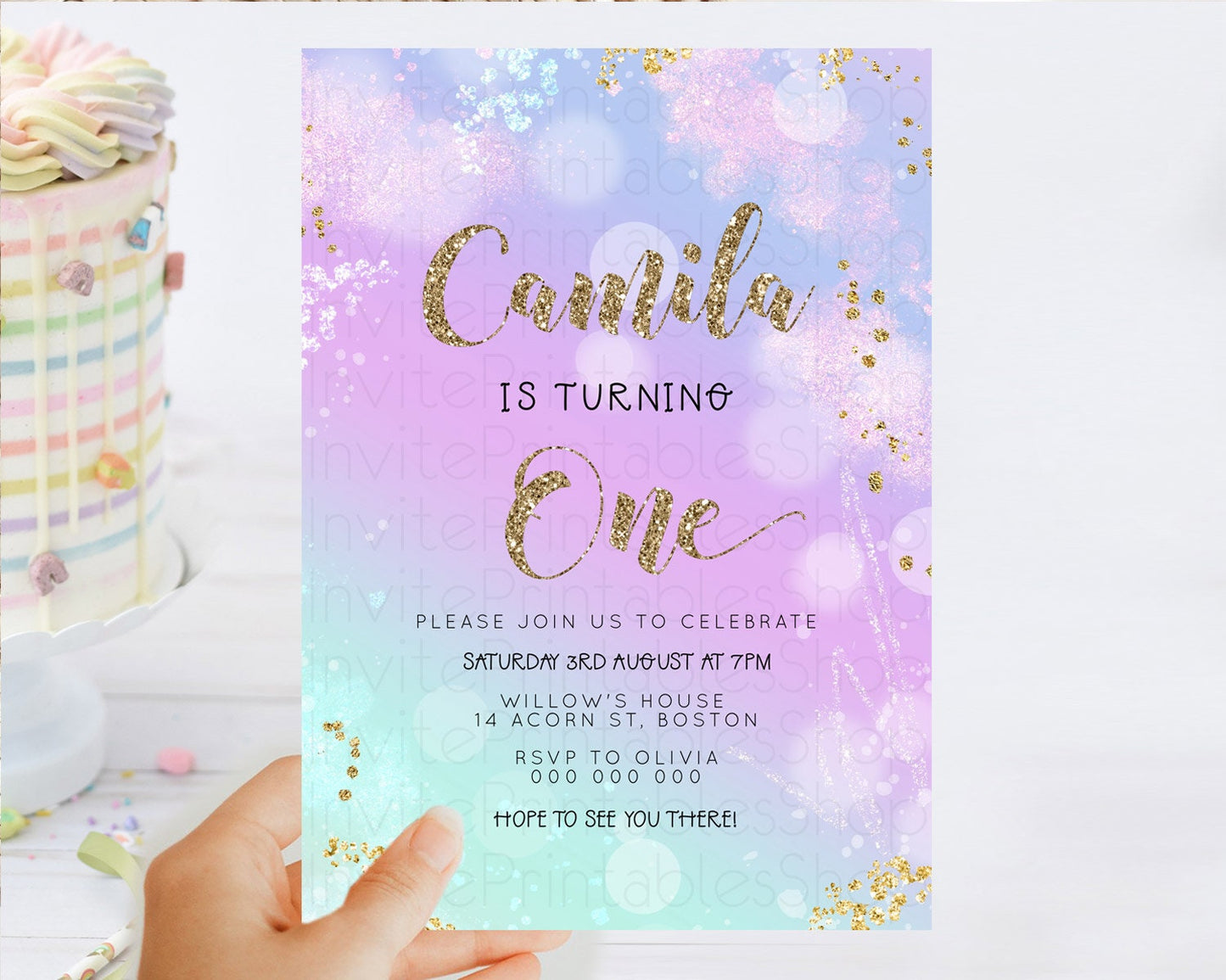 Rainbow Birthday Invitation Colorful Pastel Watercolor Invitation Gold Glitter Sprinkles Ombre Pastel 1st 2nd 3rd Birthday D23127