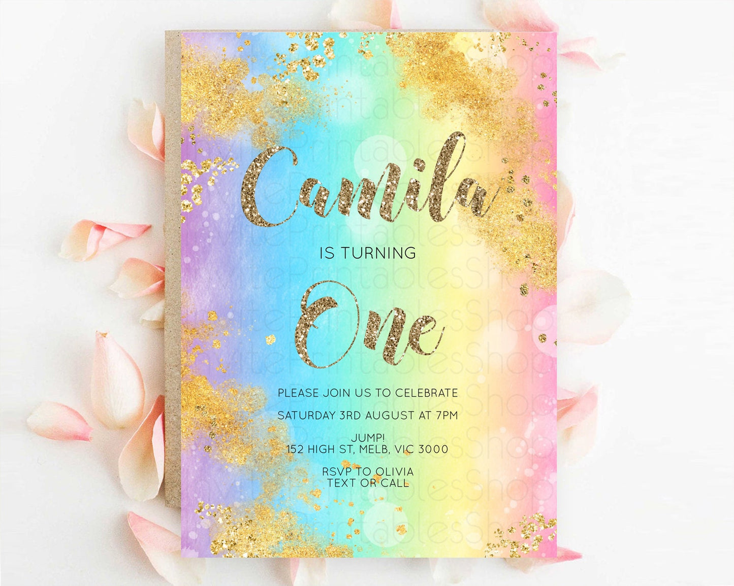 Rainbow Birthday Invitation Colorful Pastel Watercolor Invitation Gold Glitter Sprinkles Ombre Pastel 1st 2nd 3rd Birthday D10561