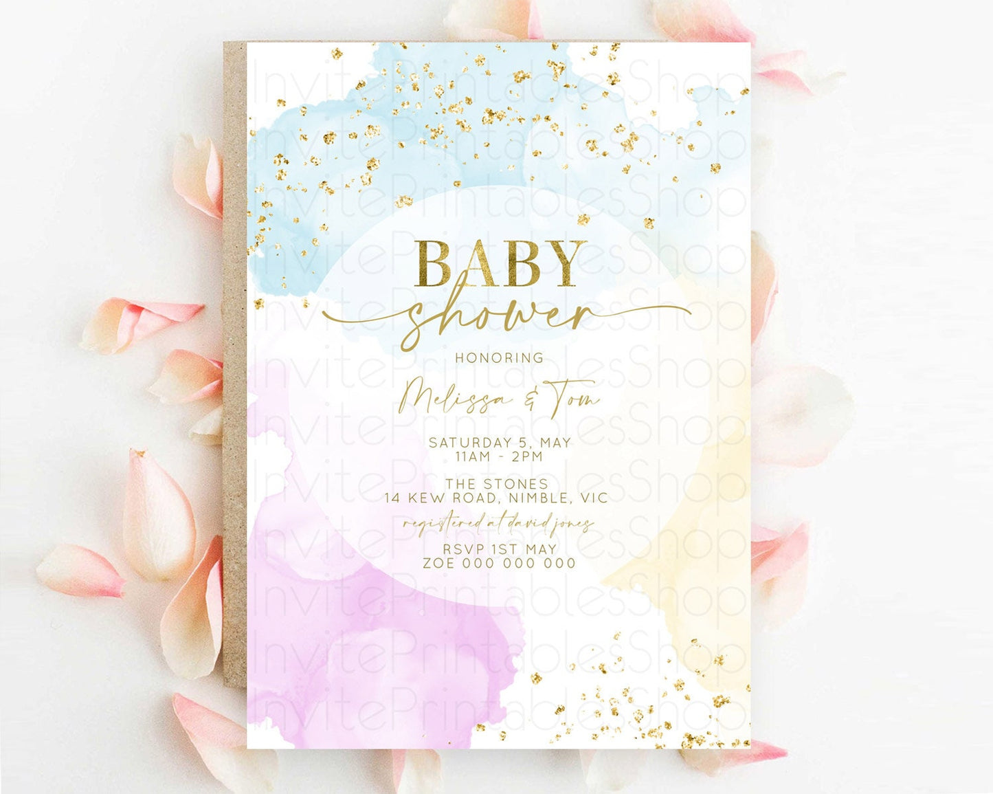 Pastel Rainbow Baby Shower Invitation, Colorful Watercolor with Gold Glitter Sprinkles - Pink, Blue, Yellow Cloud Theme Gender Reveal D10204