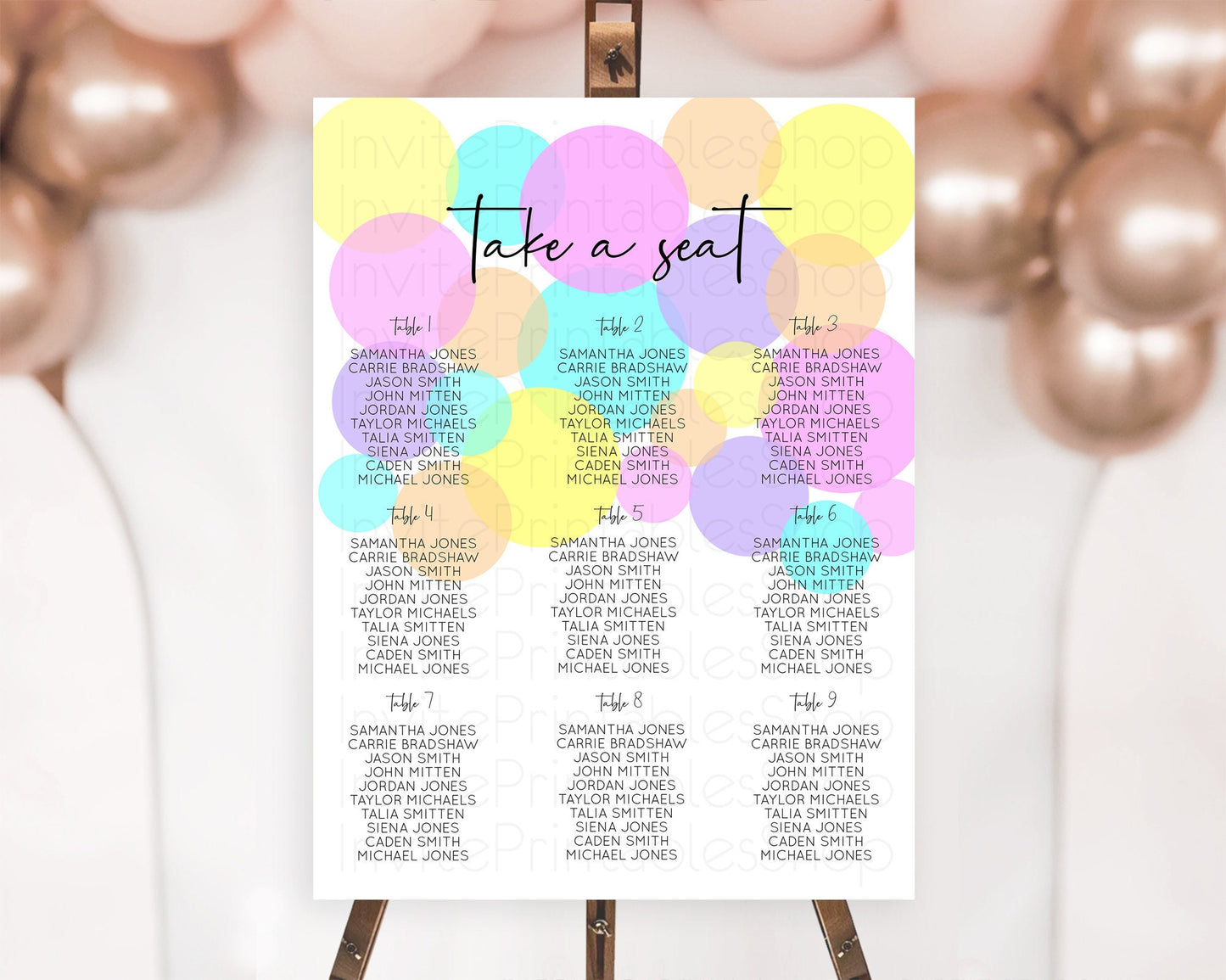 Editable Pastel Seating Chart Pastel Confetti Seating Chart Bubbles Sprinkle
