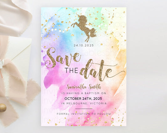 Unicorn Rainbow Save The Date Template Pastel Unicorn Party Magical Pastel Ombre Watercolor Unicorn 1st Birthday Baptism Baby Shower D10452