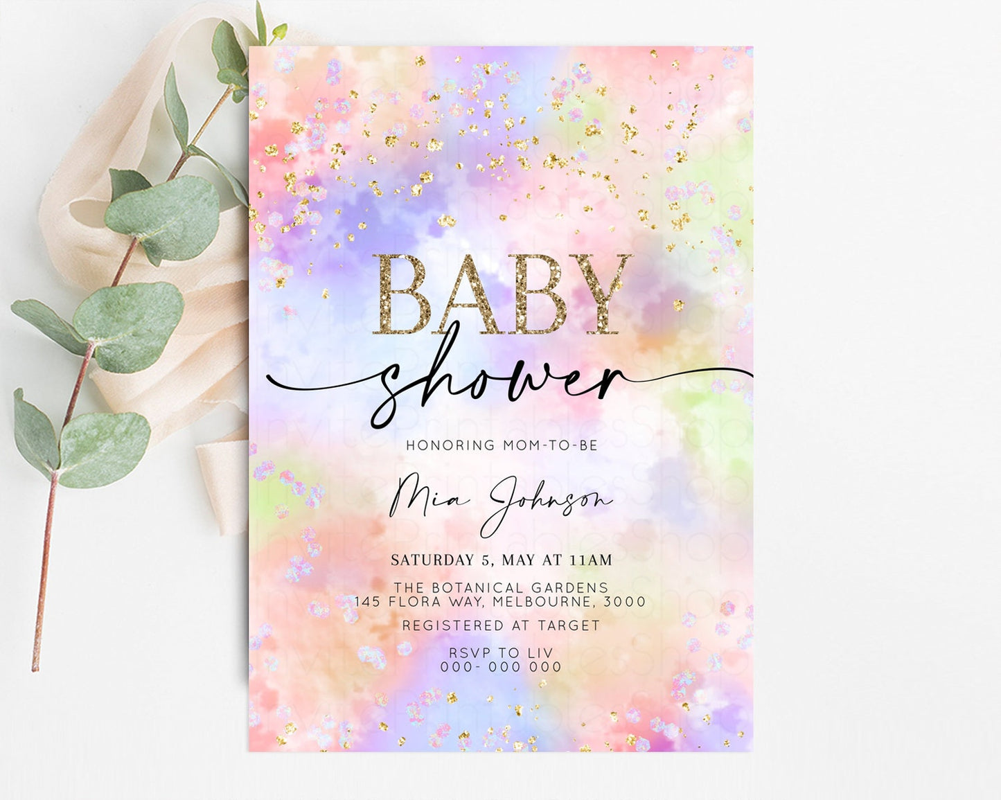 Rainbow Baby Shower Invitation Watercolor Pastel Invitation Colorful Splash Baby Invite Glitter Sprinkles Ombre Clouds Invite Whimsical K589