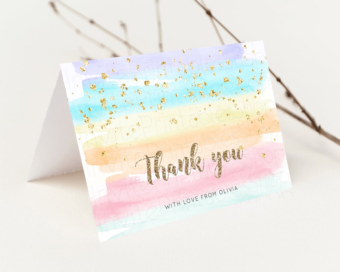 Pastel Rainbow Thank you Colorful Watercolor Folded Gift Cards Custom Note Message Glitter Birthday Engaged Baby Shower Wedding Guests 525