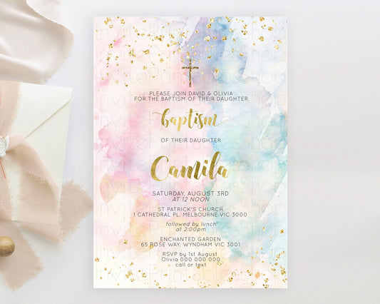 Pastel Baptism Invitation Pastel Colors Watercolor Baptism 1st Birthday Party Gold Ombre Pastel Rainbow Christening Holy Communion D10265