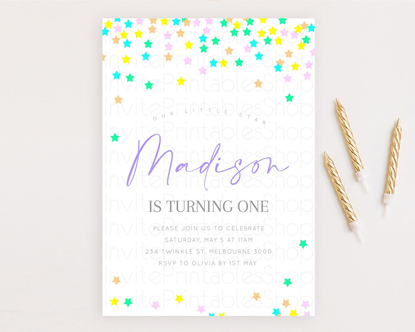 Star Birthday Invitation Pastel Stars Invite Shooting Star Party Rainbow Colorful Confetti Twinkle Little Star 2nd First Birthday D10395