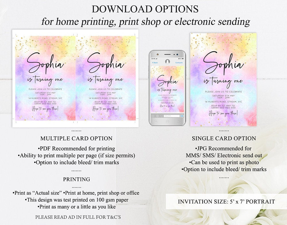 Rainbow Birthday Invitation Pastel Birthday Invitation Rainbow Watercolor Invite Confetti Pastel Invitation Glitter Sprinkles Invite 499
