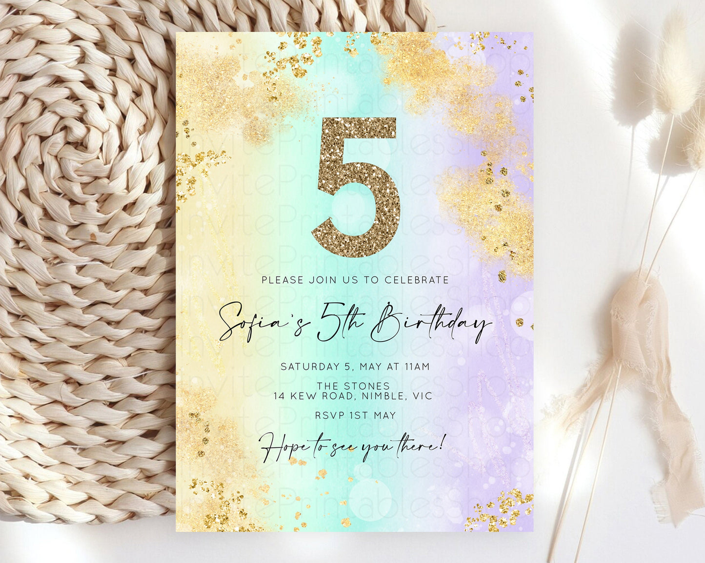 Rainbow Birthday Invitation Pastel Birthday Invite Ombre Watercolor Invite Enchanted Theme Colorful Splash Glitter Sprinkles 1st 2nd 3rd