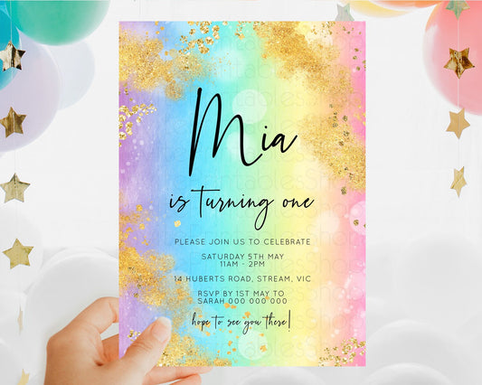 Editable Rainbow Birthday Invitation Colorful Pastel Watercolor Invitation G