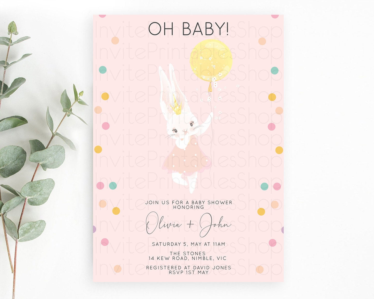 Bunny Baby Shower Invitation, Oh Baby, Cute Bunny Holding Yellow Balloon - Light Pink, Pastel Colorful Confetti - Sweet Pastel Theme D10219