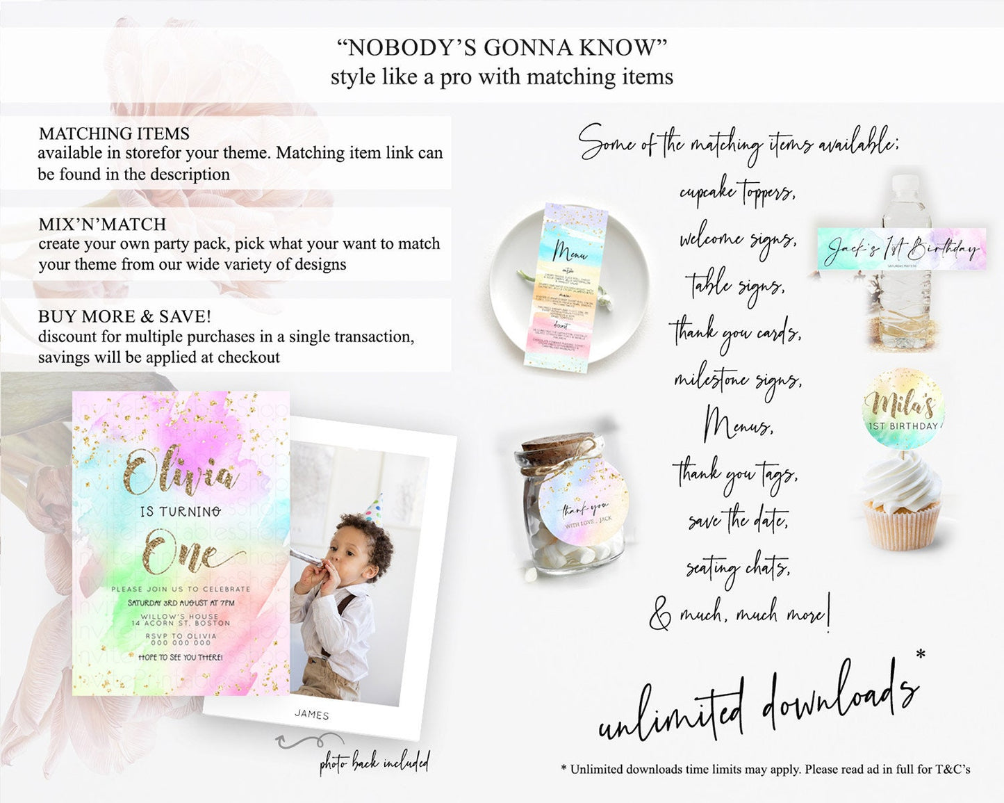 Rainbow Birthday Invitation Colorful Pastel Watercolor Invitation Gold Glitter Sprinkles Ombre Pastel 1st 2nd 3rd Birthday D23303