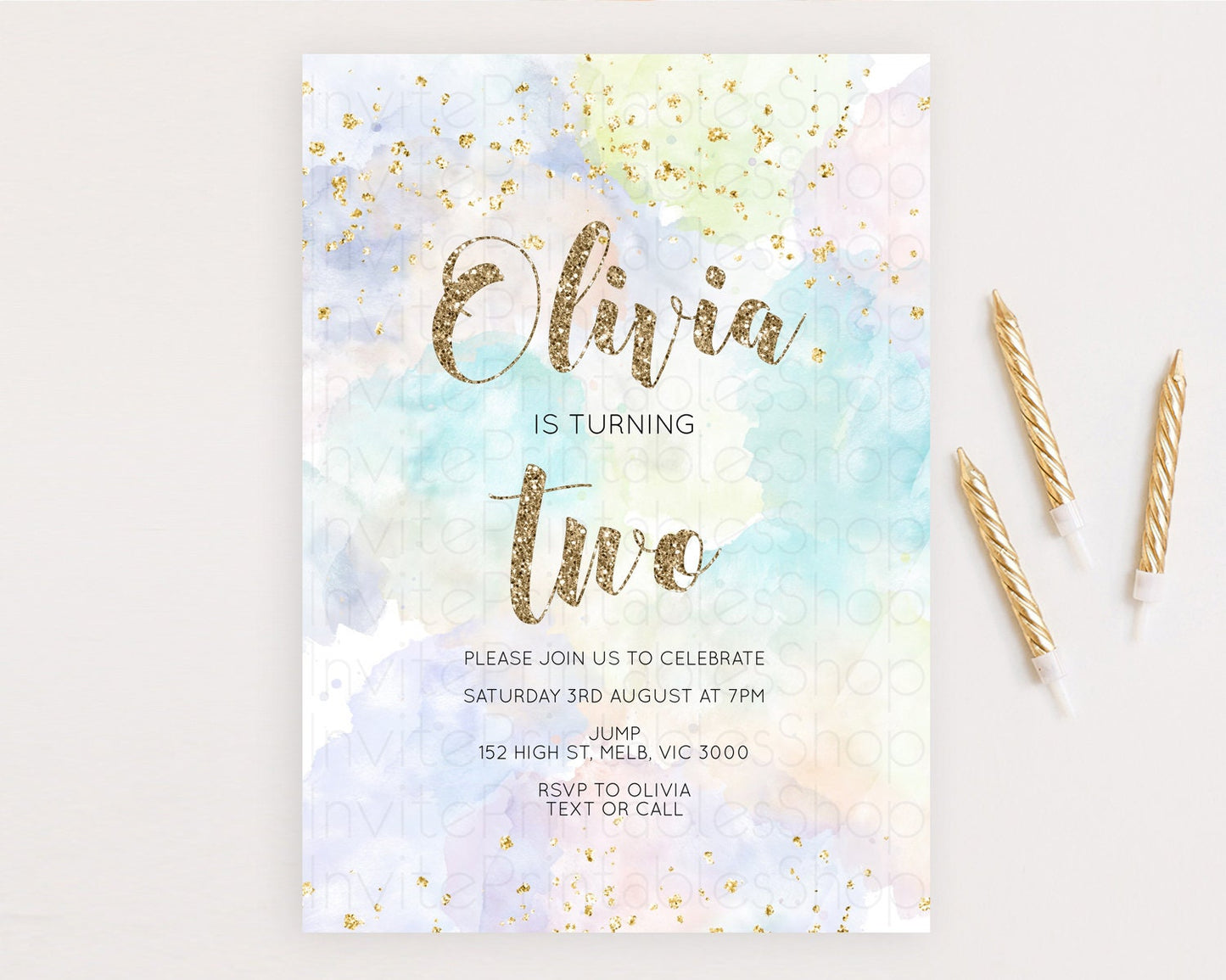 Rainbow Birthday Invitation Colorful Pastel Watercolor Invitation Gold Glitter Sprinkles Ombre Pastel 1st 2nd 3rd Birthday D10614