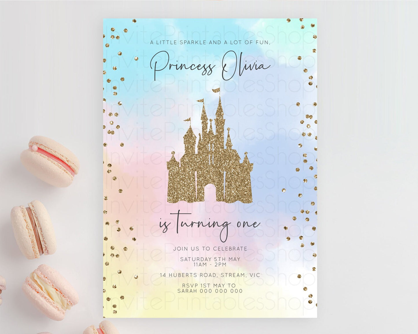 Princess Birthday Invitation Princess Invitation Pastel Invitation Royal Birthday Rainbow Color Enchanted Castle 1st First Birthday D10895