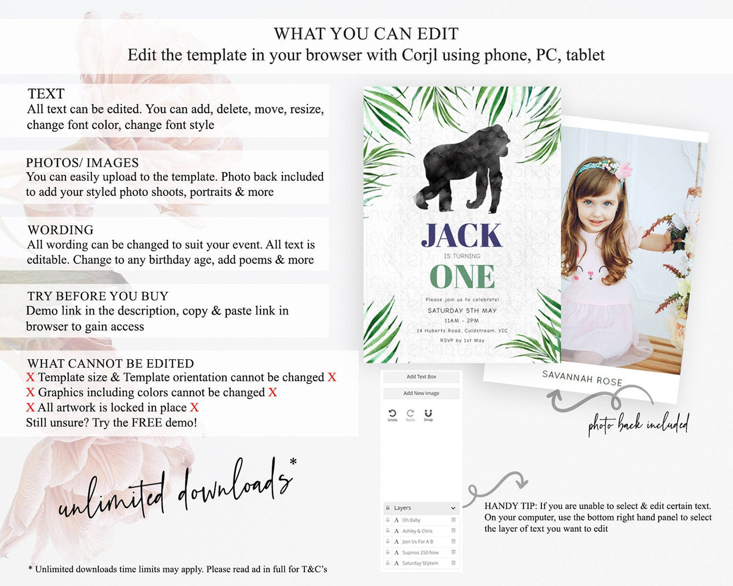 Gorilla Birthday Invitation Gorilla Invitation Gorilla Birthday Jungle Gorilla Party Jungle Adventure Zoo Party Animals Two Wild ONE D10840