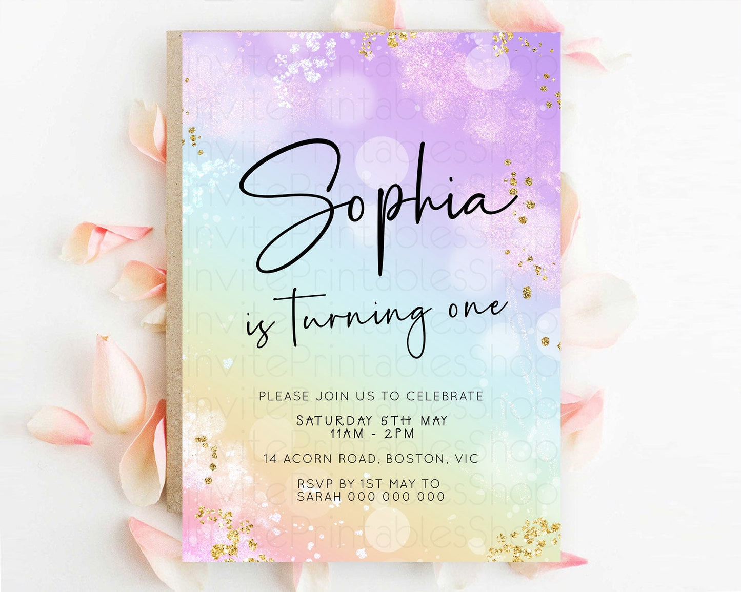 Pastel Birthday Invitation Ombre Watercolor Birthday Invitation Glitter Rainbow Color Splash 1st 2nd 3rd Birthday Invitation D23107