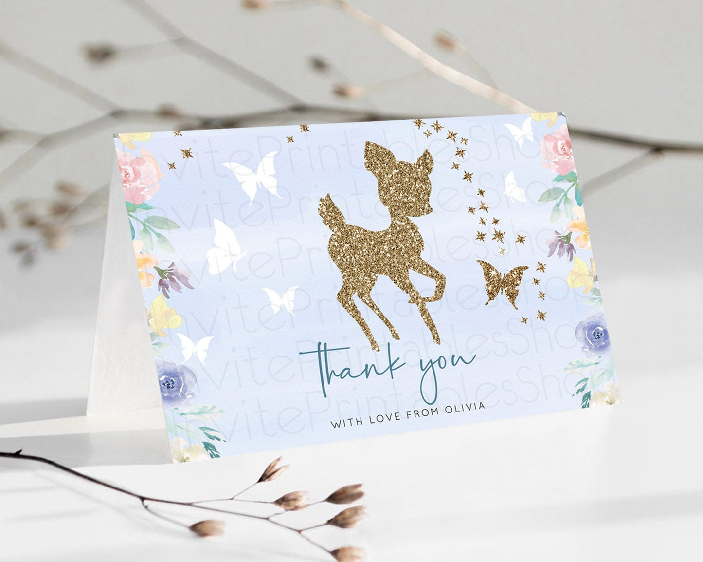 Editable Fawn Thank You Deer Thank You Card Pastel Floral Deer Birthday Than