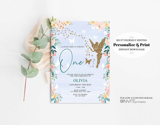 Editable Fairy Birthday Invitations Garden Fairy Invites Tinkerbell Floral G