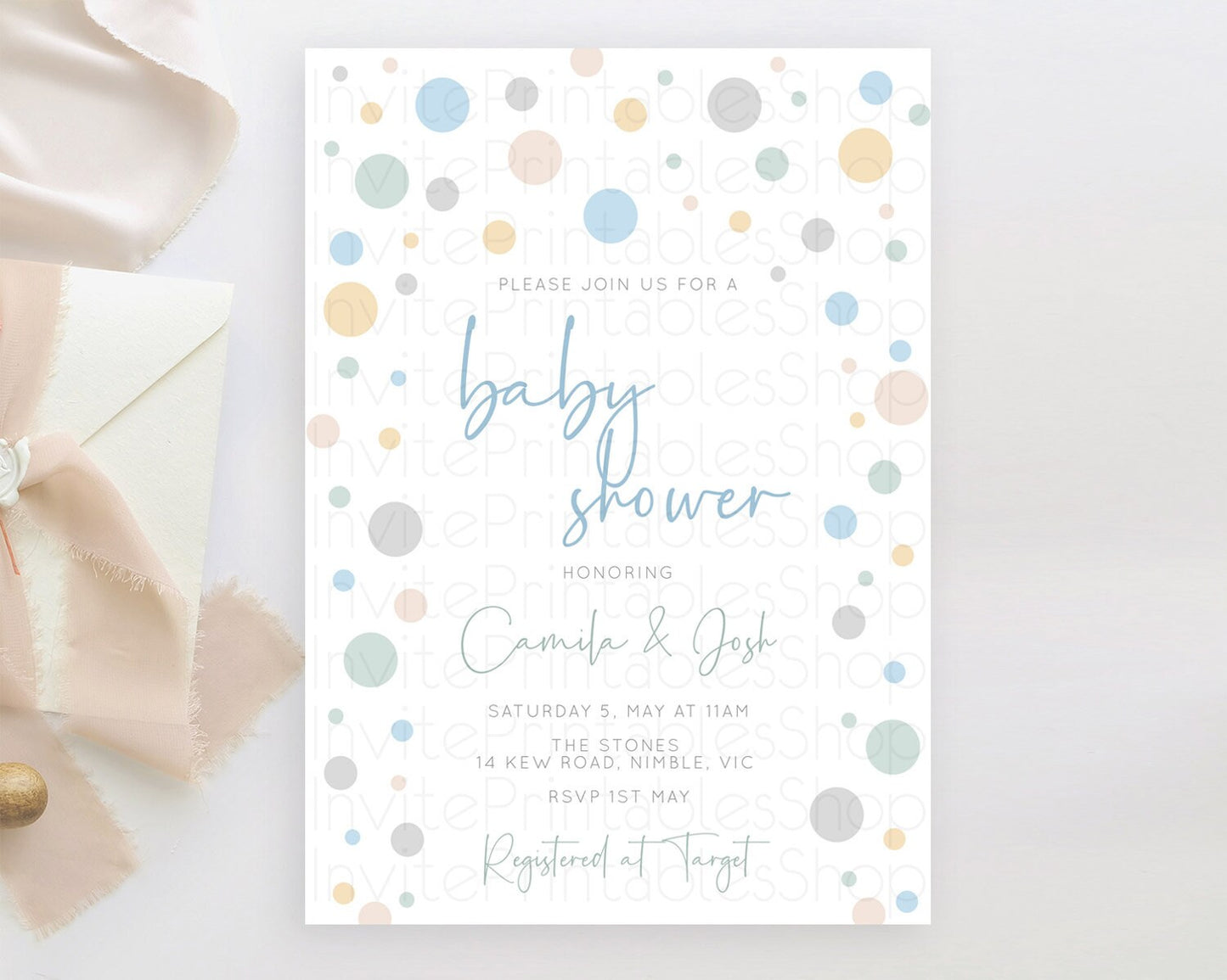 Confetti Baby Shower Invitation Soft Pastel Confetti Invitation Soft Blue, Pink Yellow and Green Confetti, Sprinkles, Bubbles Theme D11021