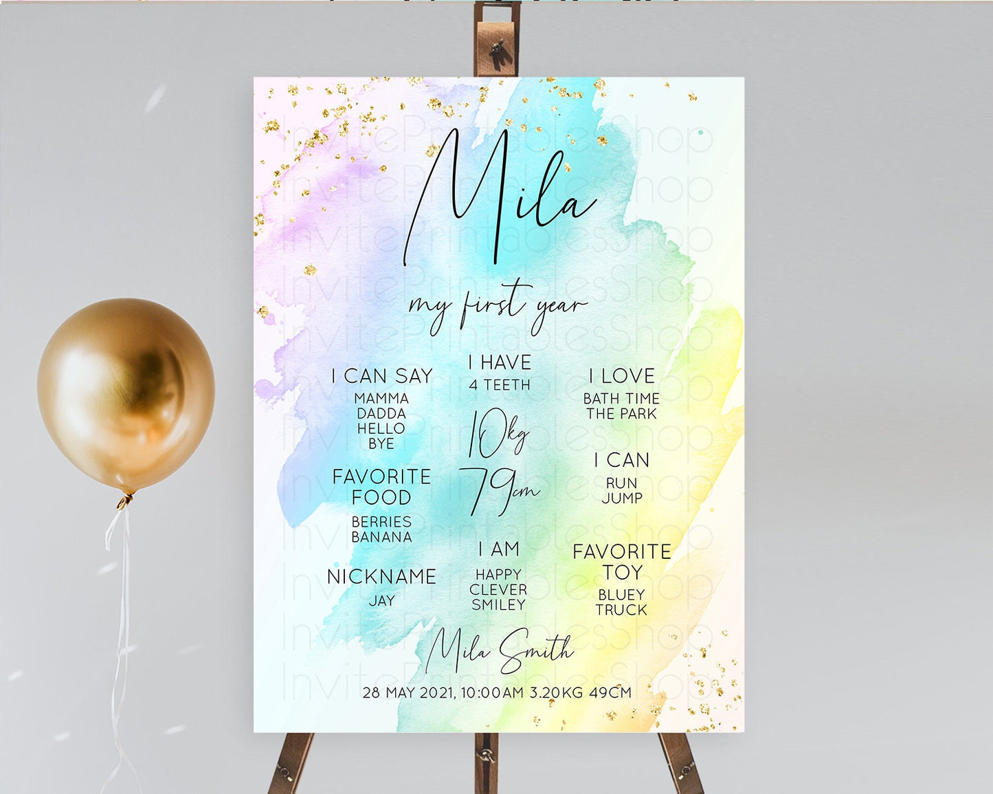 Pastel First Birthday Milestone Board Pastel Rainbow Milestone Poster Colorful Confetti Watercolor Glitter 1st Birthday Welcome Sign D10773