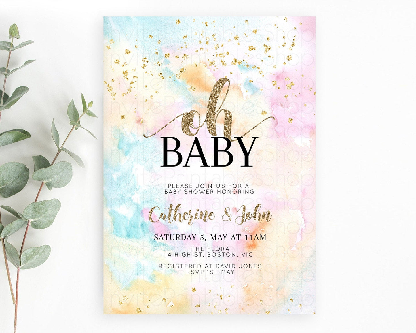 Pastel Baby Shower Invitation Rainbow Baby Shower Invitation Colorful Pastel Watercolor Invitation Gold Glitter Sprinkles Ombre D10548