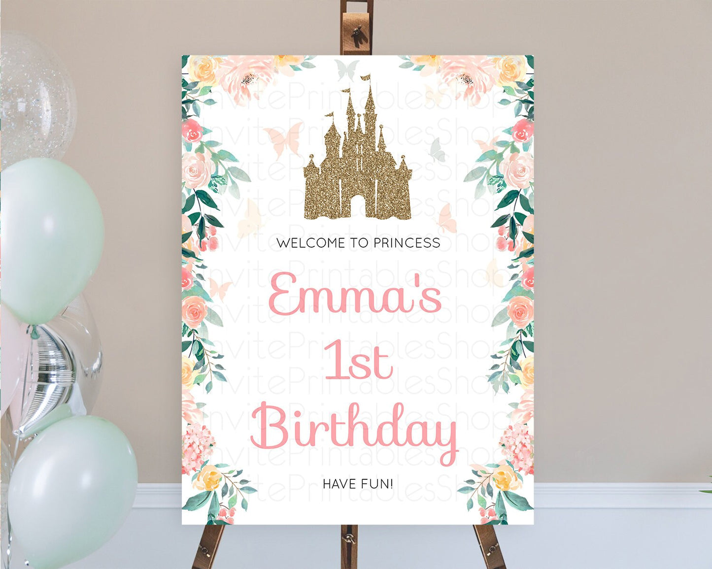 Princess Birthday Welcome Sign Castle Welcome Board Secret Garden Enchanted Castle Pastel Floral Garden First Birthday Welcome Sign D10429