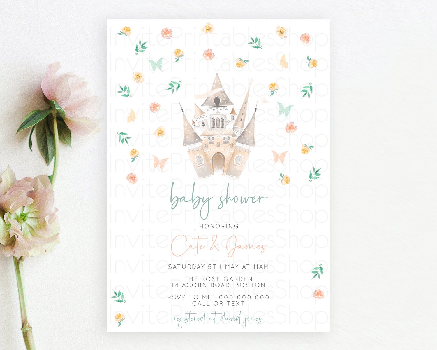 Editable Enchanted Castle Princess Baby Shower Invitation, Orange, Green Flo