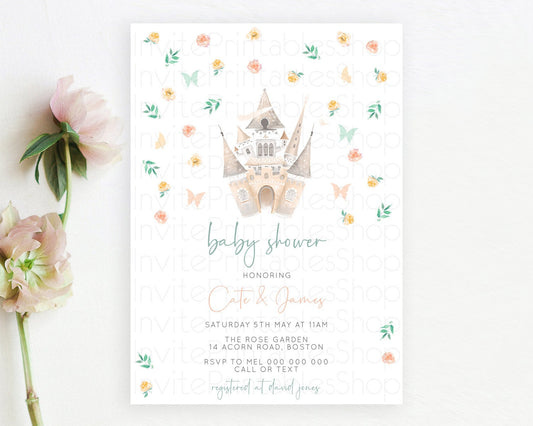 Editable Enchanted Castle Princess Baby Shower Invitation, Orange, Green Flo