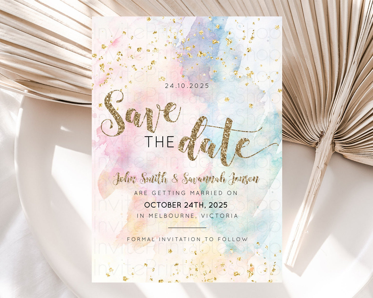 Pastel Save The Date Template Pastel Ombre Rainbow Watercolor Colorful Party For Birthday Baptism Baby Shower Wedding Bridal Shower D10264