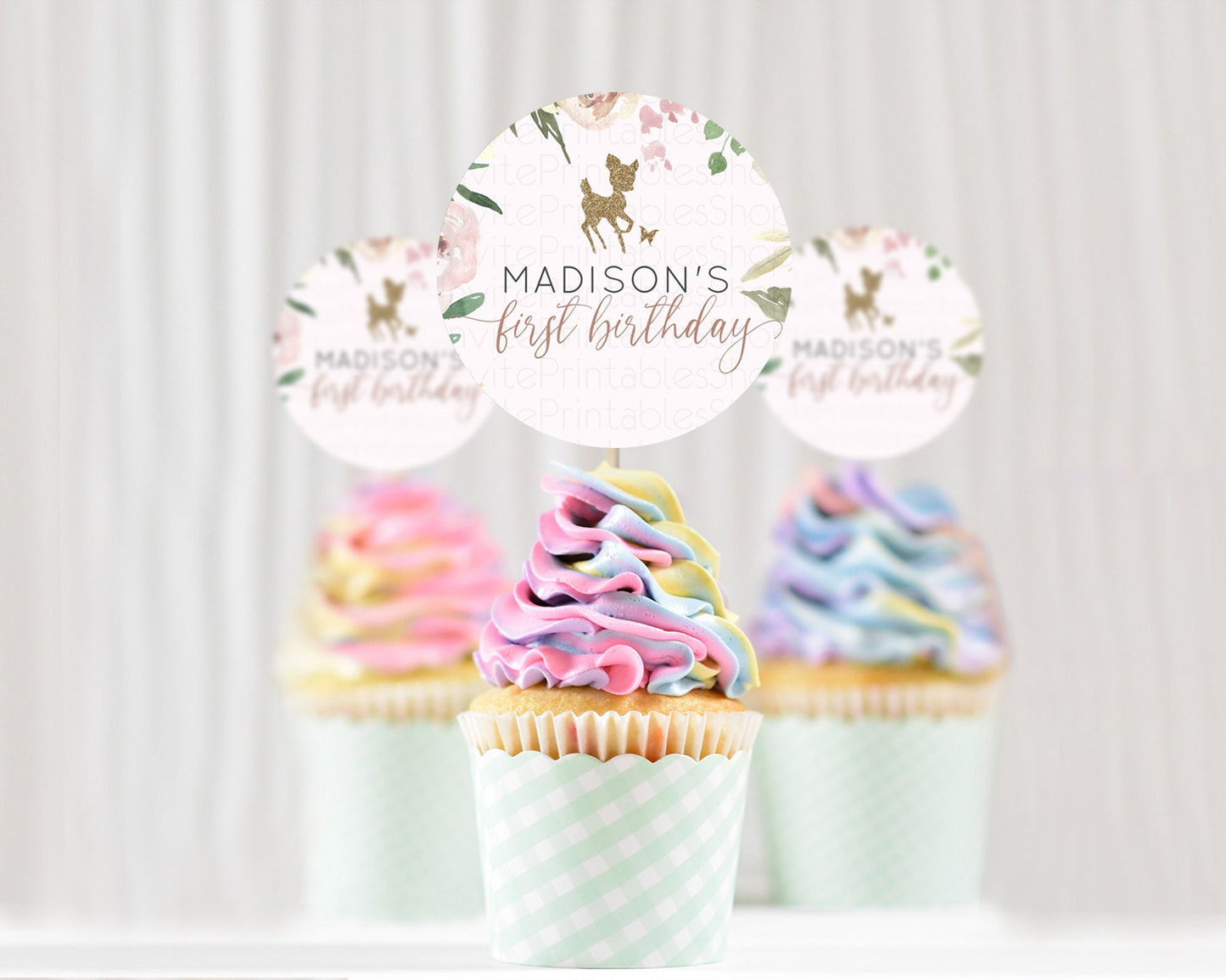 Fawn Cupcake Toppers Deer Cupcake Toppers Enchanted Forest Party Butterfly Pastel Flowers Woofland Cupcake Toppers First Birthday D10193