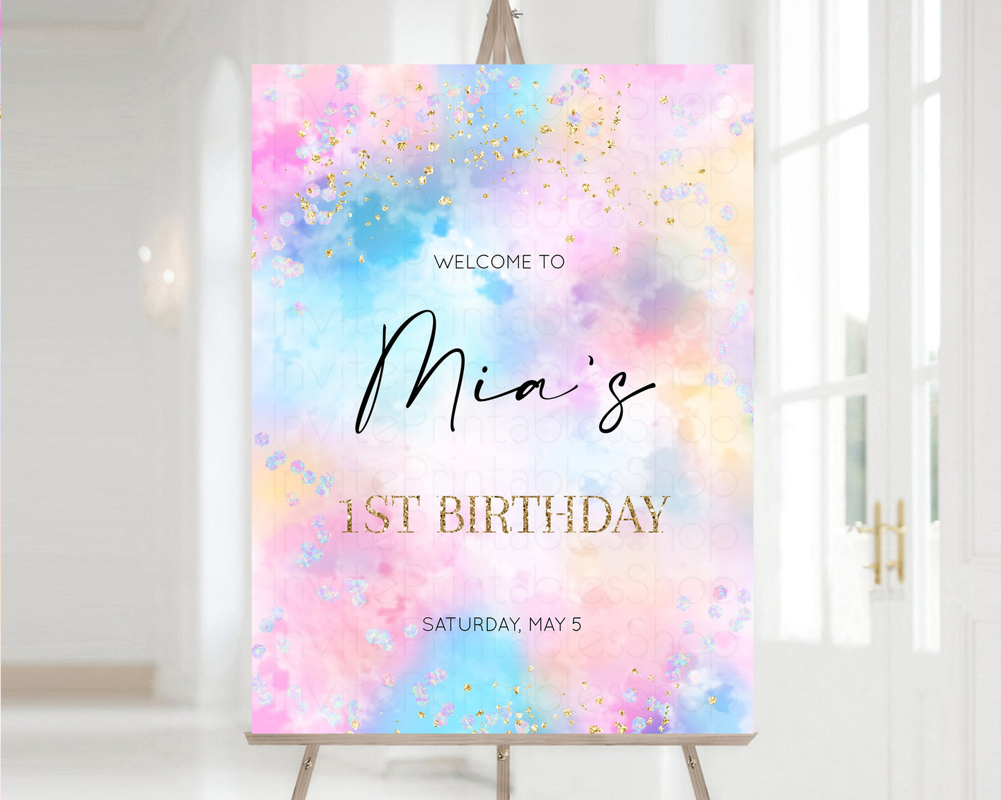 Rainbow Welcome Sign Pastel Clouds Welcome Board Iridescent Hologram Sign Gold Glitter Colorful Party Poster 1st Birthday Pink Blue 589v4