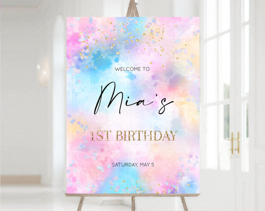 Rainbow Welcome Sign Pastel Clouds Welcome Board Iridescent Hologram Sign Gold Glitter Colorful Party Poster 1st Birthday Pink Blue 589v4