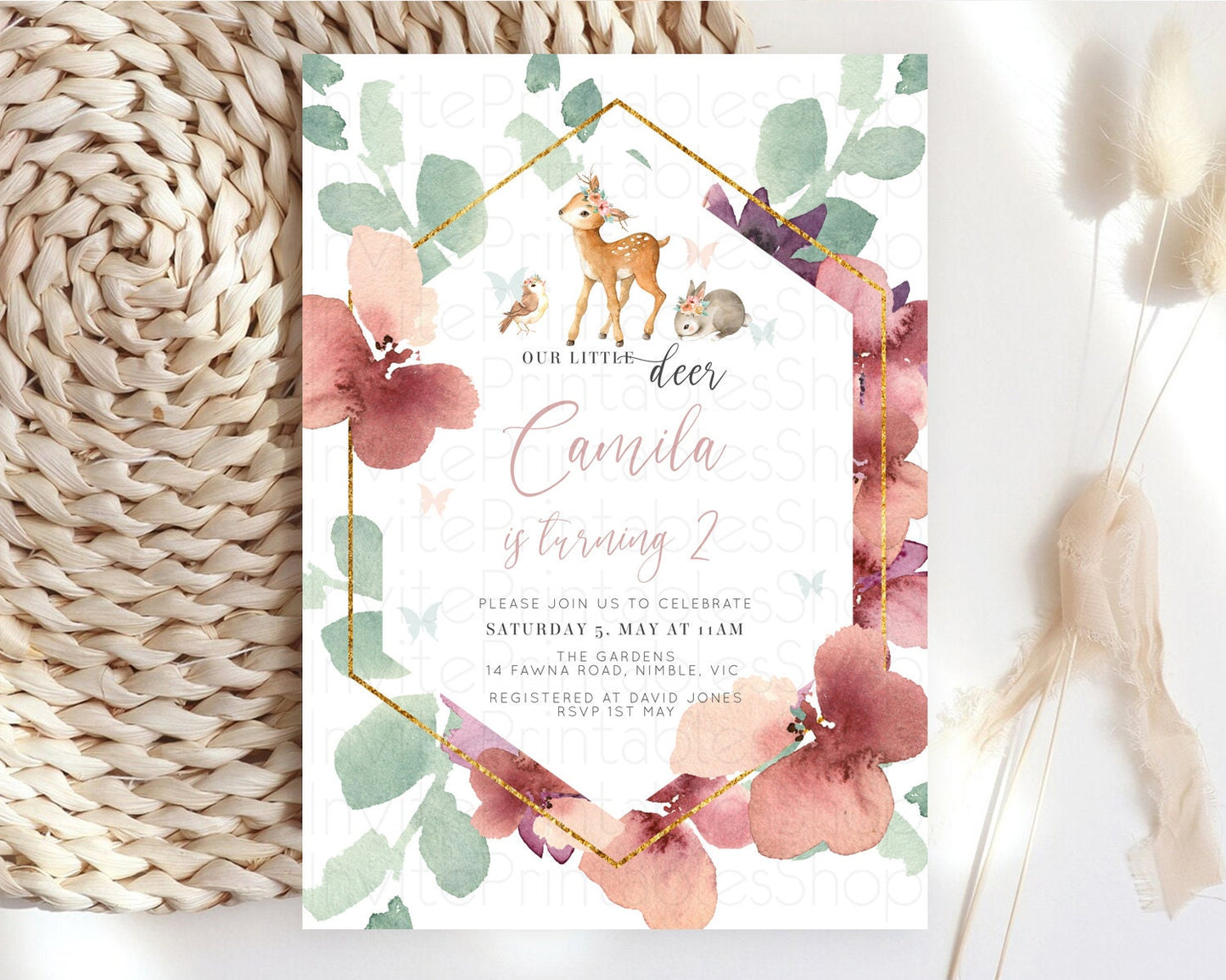 Fawn Birthday Invitation Deer Birthday Invitation Enchanted Forest Party Butterfly Pastel Flowers Whimsical 2nd 1st First Birthday D10913