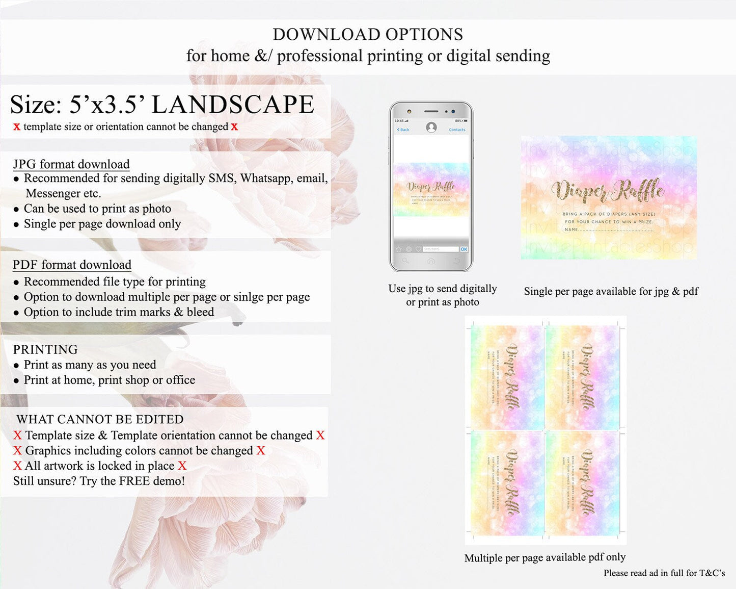 Pastel Diaper Raffle Card Pastel Rainbow Diaper Raffle Insert Colorful Ombre Watercolor Diaper Ticket Confetti Glitter Raffle Game D10648