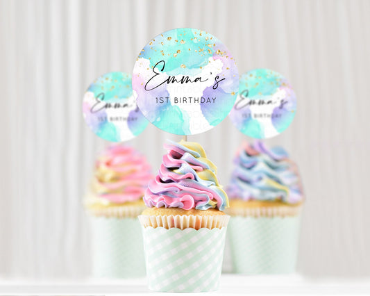 Editable Rainbow Cupcake Toppers Pastel Cupcake Toppers Colorful Pastel Wate