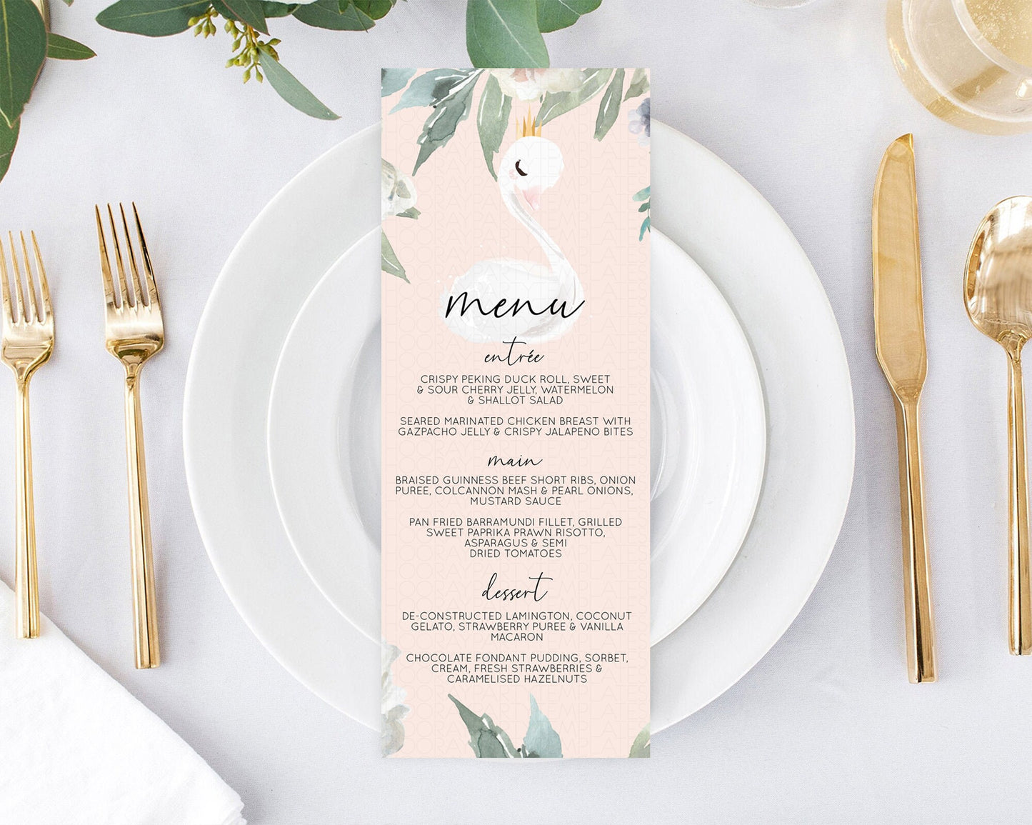 Swan Menu Swan Princess Ballet Menu Template Enchanted Swan Lake Table Decor Secret Garden Pastel Floral Dinner Dessert Food Menu  D10755