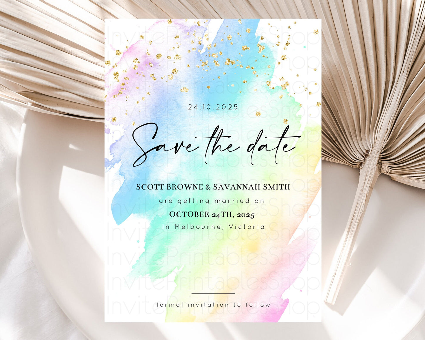 Pastel Save The Date Template Pastel Ombre Rainbow Watercolor Colorful Party For Birthday Baptism Baby Shower Wedding Bridal Shower D10640