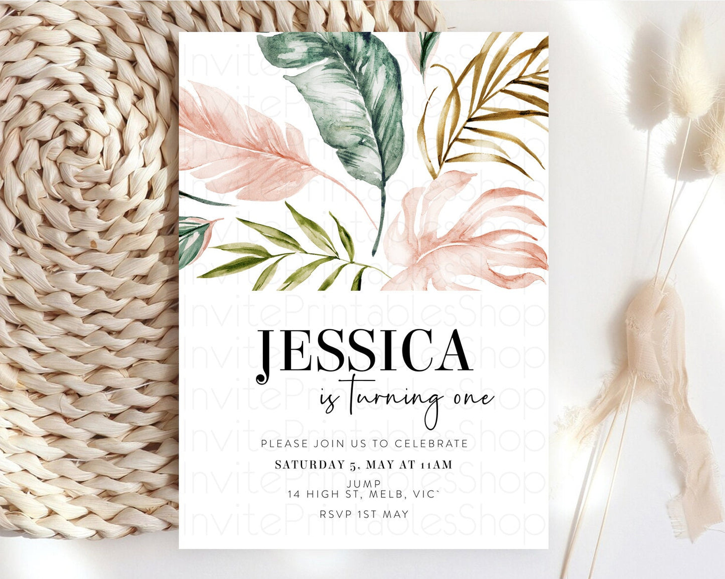 Tropical Invitation Tropical Birthday Invitation Tropical Floral Invitation Palm Leaf Fern Invite Frangipani White Orchid Invitation D11064