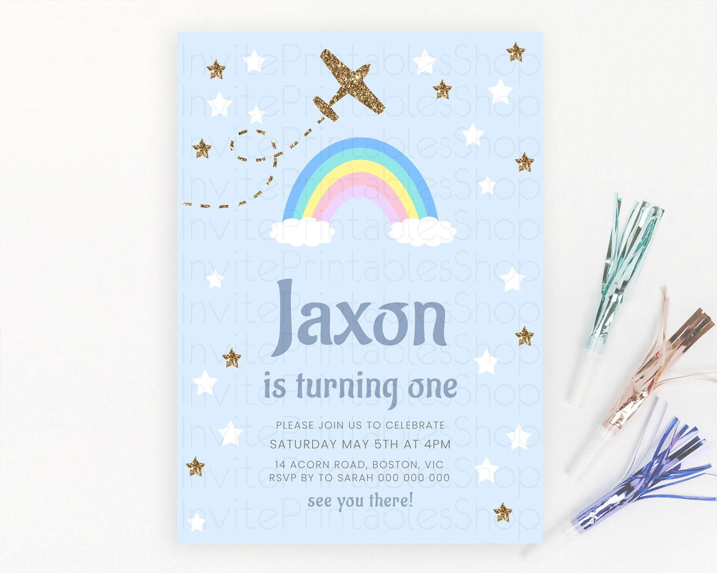 Plane Birthday Invitation Plane Invite Pastel Rainbow Clouds Stars Party Adventure Awaits Up Up Away Glitter 2nd 1st First Birthday D10220