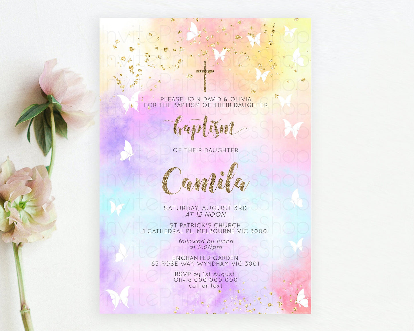 Pastel Baptism Invitation Pastel Colors Watercolor Baptism 1st Birthday Party Gold Ombre Pastel Rainbow Christening Holy Communion D10435