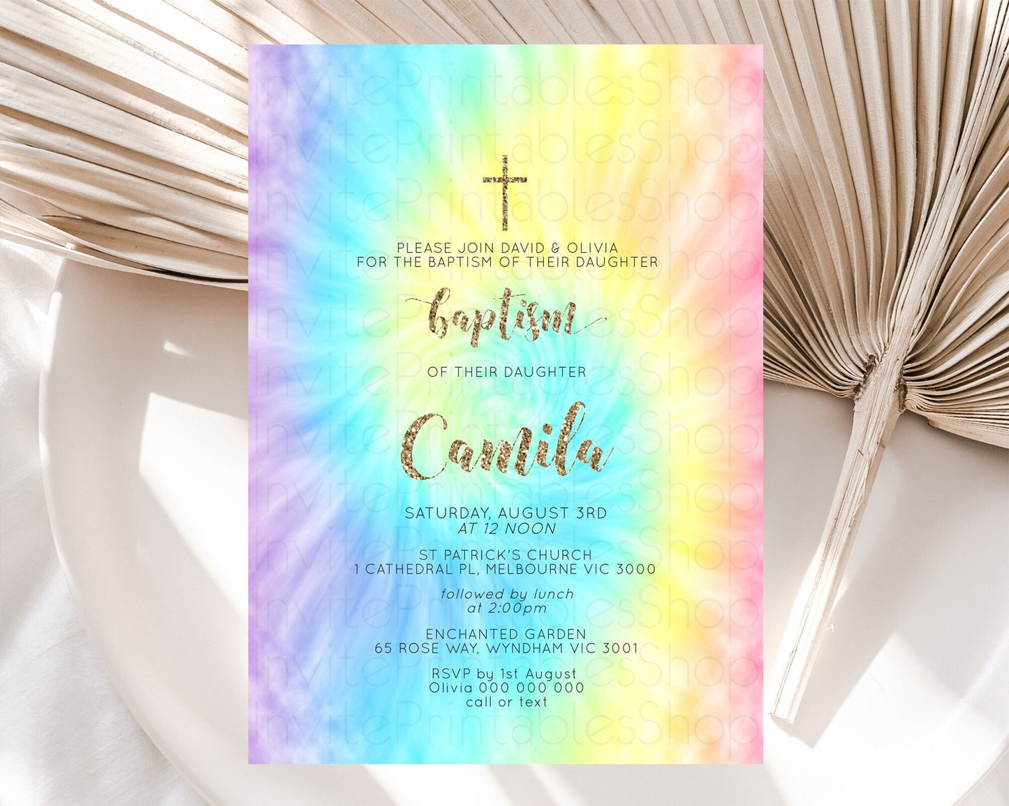 Tie Dye Baptism Invitation Rainbow Baptism 1st Birthday Invitation Pastel Ombre Colorful Christening Invitation Holy Communion D10580