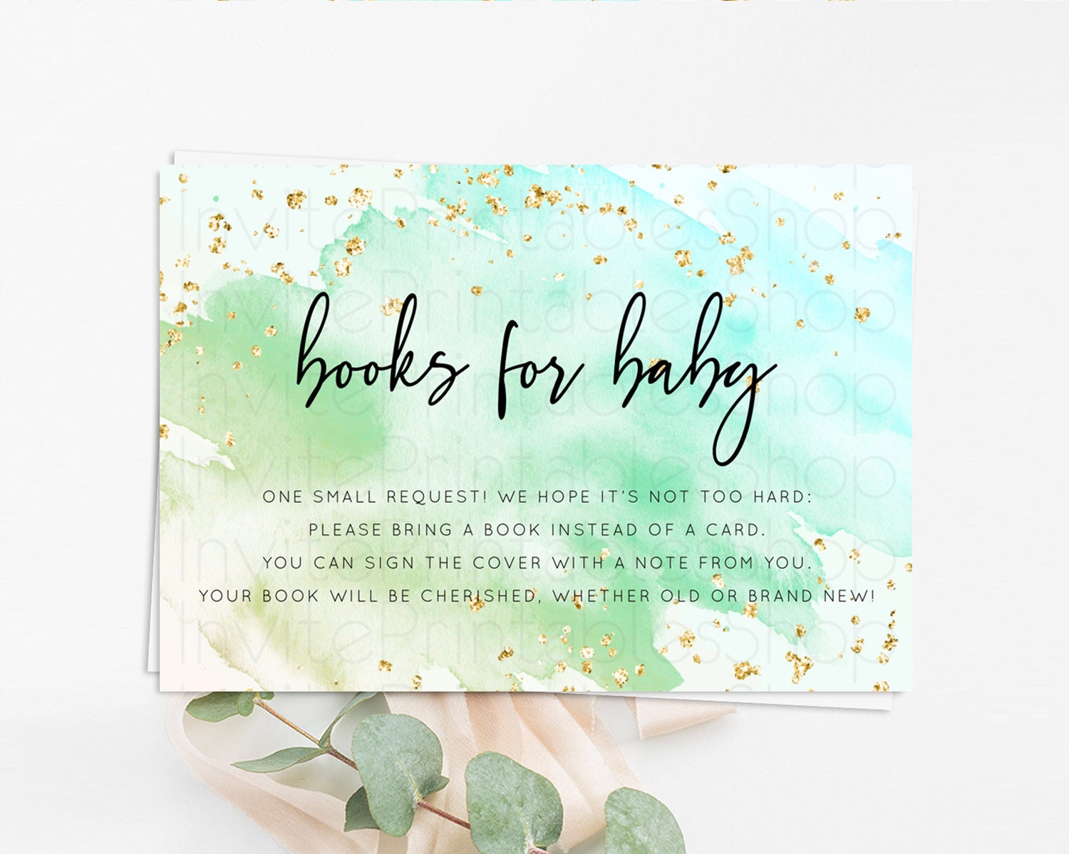 Editable Green Books For Baby Card Green Watercolor Book Insert Pastel Green