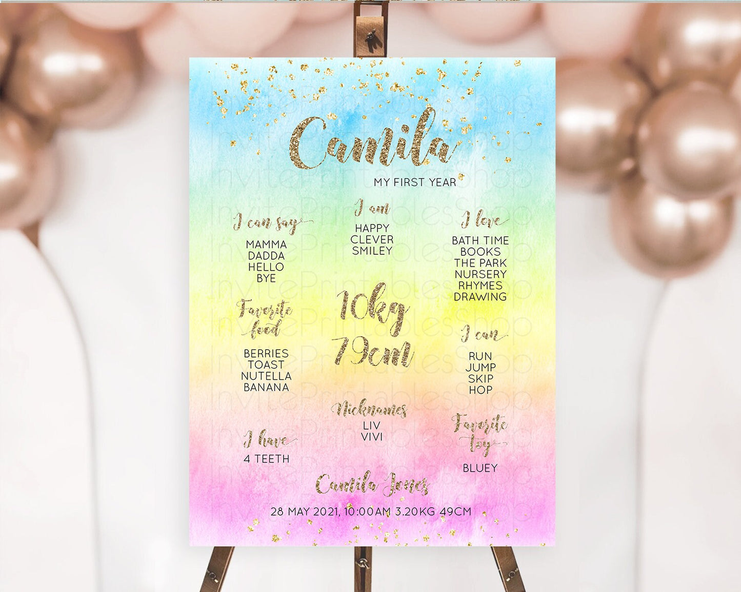 Pastel First Birthday Milestone Board Pastel Rainbow Milestone Poster Colorful Confetti Watercolor Glitter 1st Birthday Welcome Sign D10479