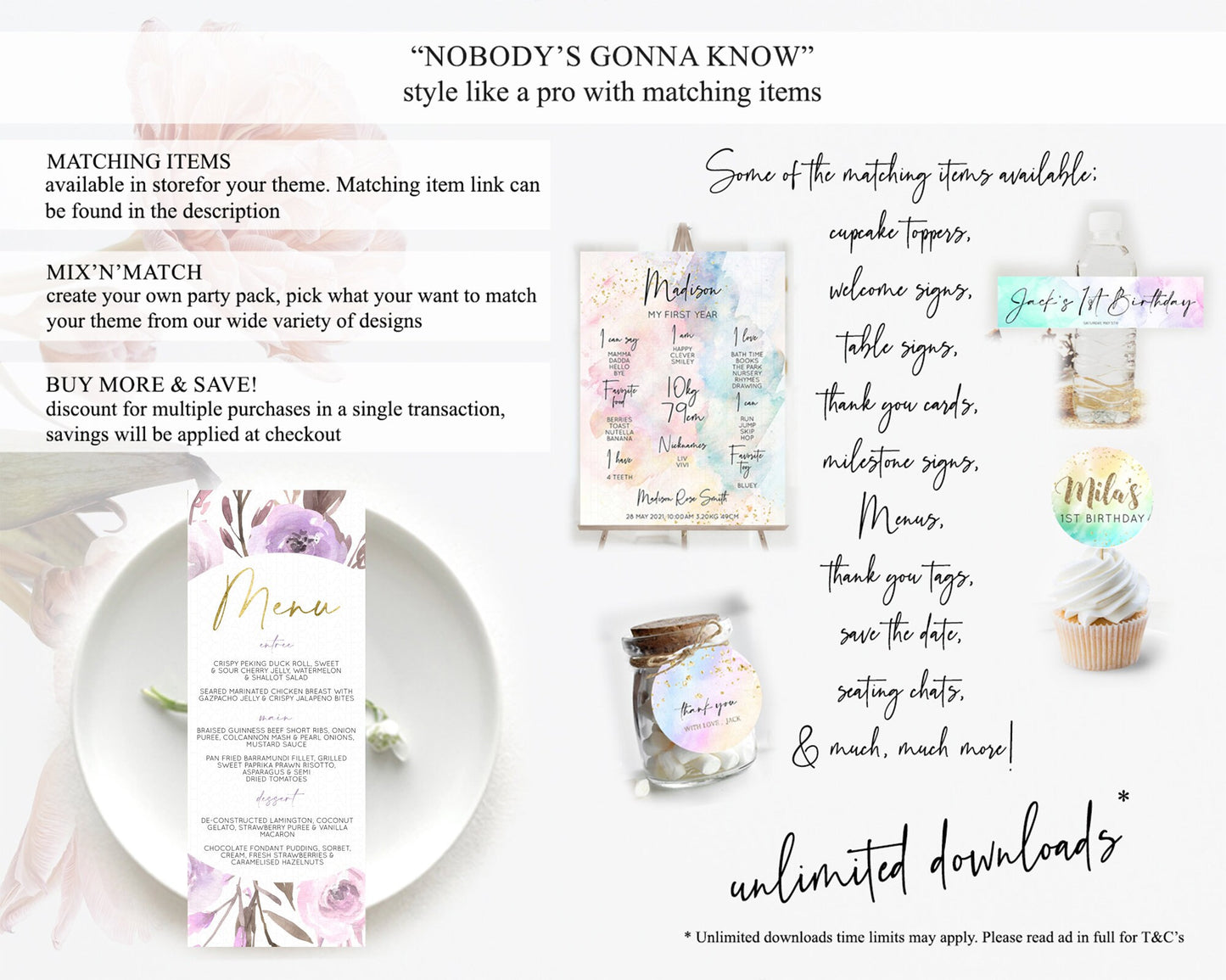 Secret Garden Menu Wildflower Menu Template Pastel Flower Garden Table Decor Boho Floral Dinner Dessert Floral Party Food Menu D10201