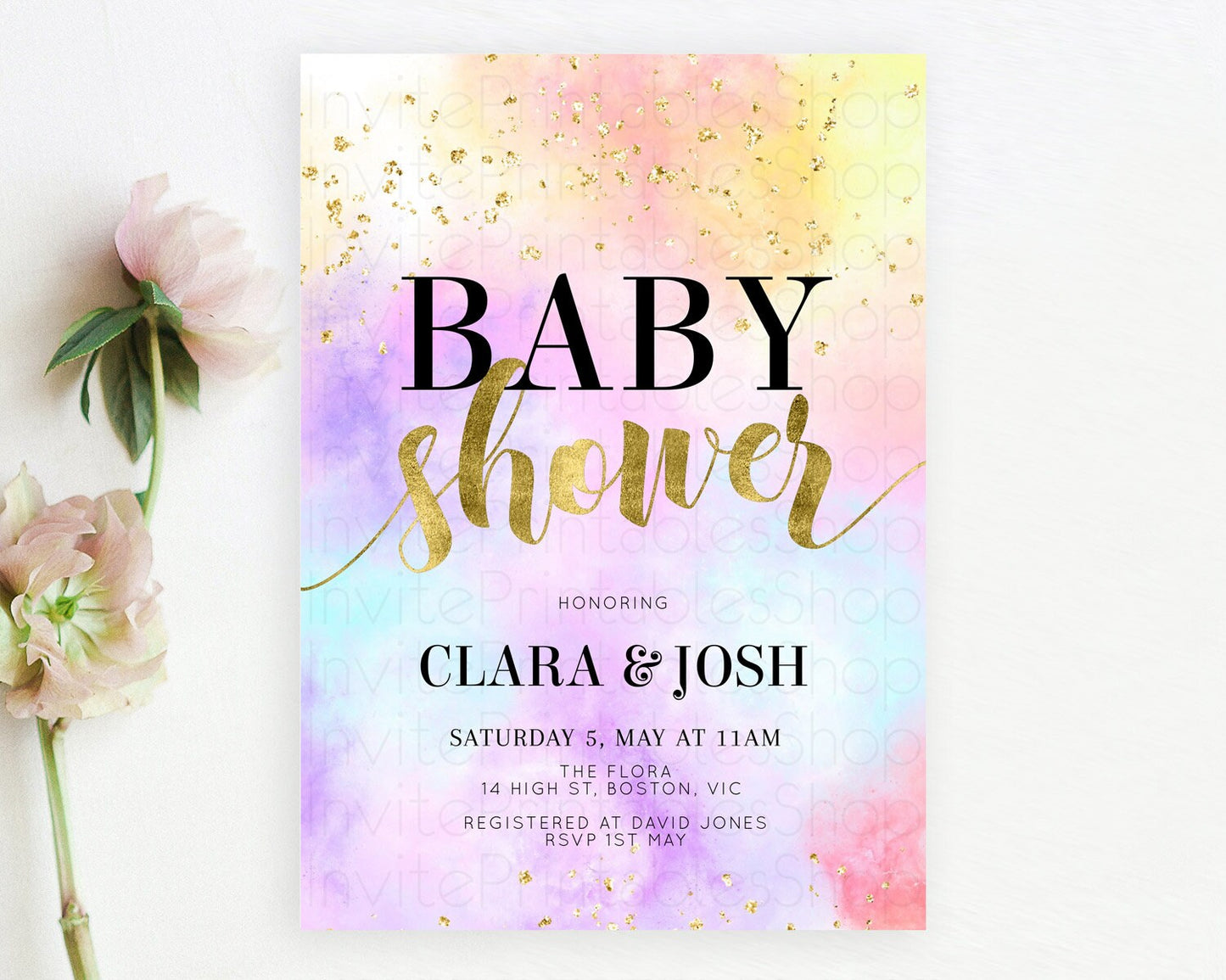 Pastel Baby Shower Invitation Rainbow Baby Shower Invitation Colorful Pastel Watercolor Invitation Gold Glitter Sprinkles Ombre D10435