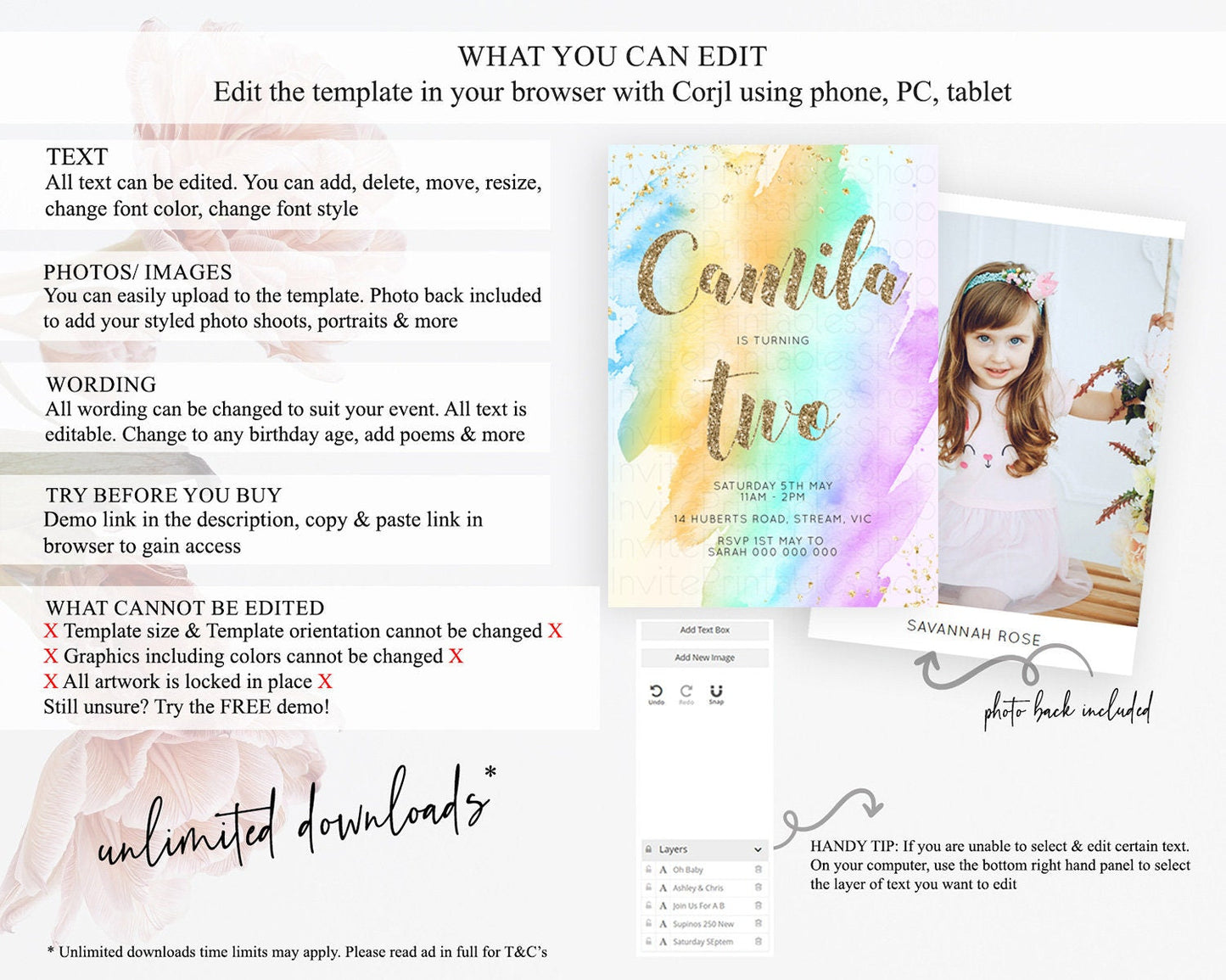Rainbow Birthday Invitation Colorful Pastel Watercolor Invitation Gold Glitter Sprinkles Ombre Pastel 1st 2nd 3rd Birthday D10426