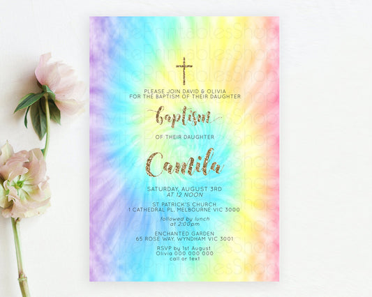 Editable Tie Dye Baptism Invitation Rainbow Baptism 1st Birthday Invitation